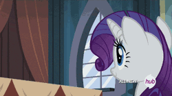 Size: 500x280 | Tagged: animated, derpibooru import, for whom the sweetie belle toils, hubble, hub logo, rarity, safe, sapphire shores, screencap, shake it baby, the hub