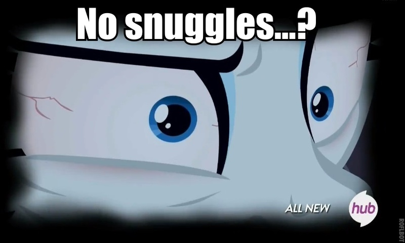 Size: 832x499 | Tagged: bad future, bloodshot eyes, caption, derpibooru import, edit, edited screencap, for whom the sweetie belle toils, hub logo, image macro, imma snuggle you, insanity, meme, no snuggles, rarity, safe, screencap, solo