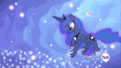 Size: 576x324 | Tagged: safe, derpibooru import, screencap, princess luna, sweetie belle, alicorn, pony, unicorn, for whom the sweetie belle toils, animated, dream realm, dream walker luna, duo, female, filly, hub logo, hubble, mare, running, the hub