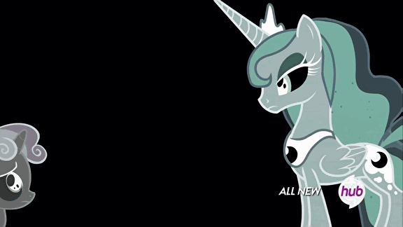 Size: 576x324 | Tagged: animated, dream walker luna, for whom the sweetie belle toils, hubble, hub logo, inverted colors, princess luna, safe, screencap, sweetie belle, the hub