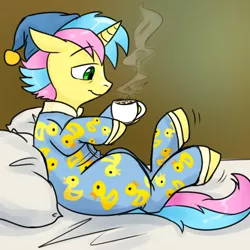 Size: 750x750 | Tagged: artist:jitterbugjive, bed, clothes, coach, derpibooru import, duck, hot chocolate, marshmallow, oc, pajamas, pillow, rubber duck, safe, solo, unofficial characters only