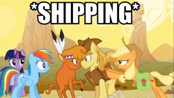 Size: 960x540 | Tagged: safe, derpibooru import, edit, edited screencap, screencap, applejack, braeburn, little strongheart, rainbow dash, twilight sparkle, buffalo, earth pony, pegasus, pony, unicorn, over a barrel, braeheart, female, image macro, male, meme, now kiss, pushing, shipper on deck, shipping, straight