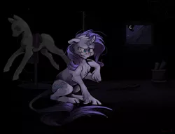 Size: 1897x1450 | Tagged: artist:xenon, bad future, classical unicorn, cloven hooves, crying, curved horn, dark, derpibooru import, for whom the sweetie belle toils, implied princess luna, leonine tail, mannequin, marshmelodrama, rarity, safe, scene interpretation, solo, unshorn fetlocks