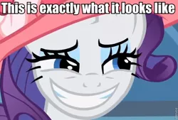 Size: 728x493 | Tagged: close-up, derpibooru import, edit, edited screencap, image macro, meme, rapeface, rarity, safe, screencap, slasher smile, smiling, solo, sweet and elite