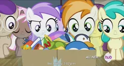 Size: 1439x763 | Tagged: safe, derpibooru import, screencap, banana peel (character), brown sugar, burnout (character), mint flower, plum star, plumberry, titania, earth pony, pony, unicorn, for whom the sweetie belle toils, 5-year-old, background pony, beach ball, box, colt, confused, filly, flashback, glasses, hub logo, meme, party favors, raised eyebrow, smiling, youtube caption