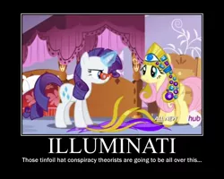 Size: 750x600 | Tagged: safe, derpibooru import, screencap, fluttershy, rarity, for whom the sweetie belle toils, all seeing eye, conspiracy, demotivational poster, headdress, illuminati, meme