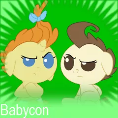 Size: 250x250 | Tagged: safe, derpibooru import, pound cake, pumpkin cake, pegasus, pony, unicorn, babycon, crossed hooves, eye contact, female, foal, frown, looking at each other, male, meta, raised eyebrow, spoilered image joke, text, twins