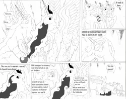 Size: 2354x1856 | Tagged: safe, artist:dreamactualizer, derpibooru import, princess celestia, queen chrysalis, comic, monochrome