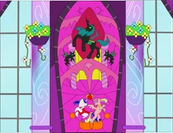 Size: 1181x912 | Tagged: artist:dreamactualizer, changeling, derpibooru import, princess cadance, queen chrysalis, safe, shining armor, stained glass, window