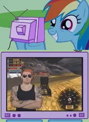 Size: 563x771 | Tagged: angry video game nerd, baseball cap, big rigs over the road racing, commercial, crossed arms, derpibooru import, hat, james rolfe, meme, rainbow dash, safe, smiling, sunglasses, tattoo, tv meme, video game