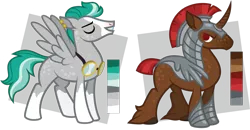 Size: 1280x664 | Tagged: safe, artist:ivyhaze, derpibooru import, oc, unofficial characters only, pegasus, pony, unicorn, adoptable, armor, earring, freckles, goggles, male, reference sheet, stallion, unshorn fetlocks