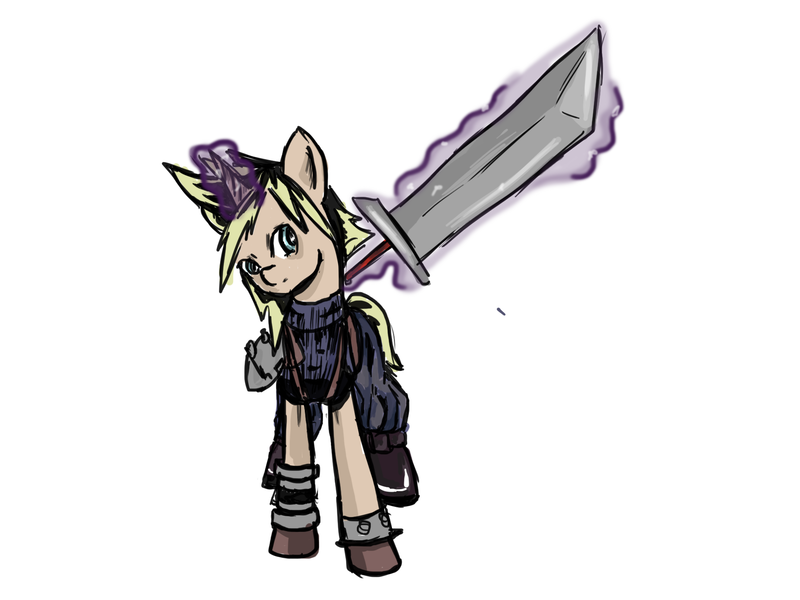 Size: 1890x1417 | Tagged: artist:ehherinn, buster sword, cloud strife, derpibooru import, final fantasy, final fantasy vii, ponified, safe, solo, sword, weapon