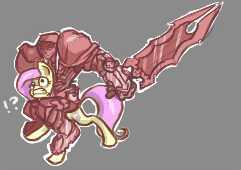 Size: 1600x1129 | Tagged: artist:ehherinn, crossover, darksiders, derpibooru import, fluttershy, human, safe, sword, war