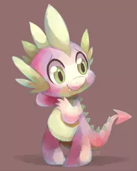 Size: 825x1029 | Tagged: safe, artist:sharmie, derpibooru import, spike, dragon, arm behind head, baby, baby dragon, cute, fangs, green eyes, male, nervous, shadow, signature, simple background, smiling, solo, spikabetes