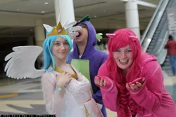 Size: 1024x683 | Tagged: artist needed, safe, artist:silly-spike, artist:vampire-sacrifice, derpibooru import, pinkie pie, princess celestia, spike, human, clothes, convention, cosplay, hoodie, irl, irl human, megacon, photo