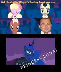 Size: 1600x1900 | Tagged: derpibooru import, edit, edited screencap, fake screencap, for whom the sweetie belle toils, leonardo dicaprio, luckette, princess luna, safe, screencap, steve harvey