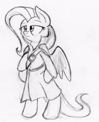 Size: 803x995 | Tagged: safe, artist:otto720, derpibooru import, fluttershy, pony, bipedal, monochrome, solo