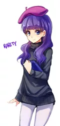 Size: 529x1102 | Tagged: artist:megarexetera, beatnik rarity, beret, clothes, derpibooru import, hat, human, humanized, rarity, safe, solo, sweater