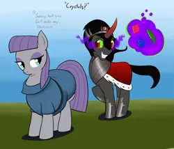 Size: 2033x1739 | Tagged: safe, artist:calorie, derpibooru import, king sombra, maud pie, earth pony, pony, umbrum, unicorn, boulder buns, butt, chubby, clothes, crown, crystal, cute, dialogue, dress, duo, duo male and female, fat, female, flirt, flirting, grin, jewelry, magic, male, mare, maud pudge, plot, pun, raised hoof, regalia, rock joke, smiling, sombradorable, squee, stallion, standing, telekinesis, the ass was fat