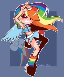 Size: 1000x1207 | Tagged: artist:nm, belly button, clothes, goggles, human, humanized, midriff, pixiv, rainbow dash, rainbow socks, safe, skirt, socks, solo, striped socks, winged humanization