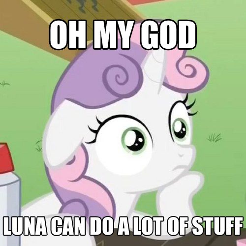 Size: 500x500 | Tagged: safe, derpibooru import, edit, edited screencap, screencap, sweetie belle, pony, unicorn, for whom the sweetie belle toils, ponyville confidential, cropped, female, filly, floppy ears, hoof on chin, image macro, meme, solo, sudden clarity sweetie belle