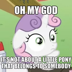 Size: 500x500 | Tagged: cropped, edit, edited screencap, floppy ears, hoof on chin, image macro, meme, meta, ponyville confidential, safe, screencap, solo, sudden clarity sweetie belle, sweetie belle