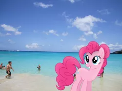 Size: 2592x1944 | Tagged: artist:missbeigepony, artist:mr-blitz, beach, clothes, derpibooru import, human, irl, photo, pinkie pie, ponies in real life, safe, solo, swimsuit, vector