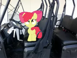 Size: 2592x1944 | Tagged: apple bloom, artist:huskkies, artist:tokkazutara1164, cute, derpibooru import, golf cart, irl, looking up, photo, ponies in real life, safe, seat, solo, vector