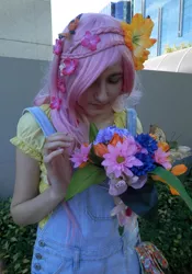 Size: 2994x4288 | Tagged: 2014, artist:radsham, cosplay, derpibooru import, flower, fluttershy, human, irl, irl human, overalls, photo, safe, solo, wai-con