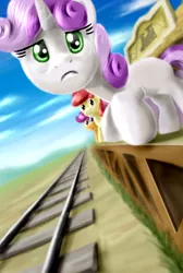 Size: 2695x4000 | Tagged: safe, artist:nekokevin, derpibooru import, apple bloom, scootaloo, sweetie belle, earth pony, pegasus, pony, unicorn, cutie mark crusaders, frown, sky, train station, train tracks