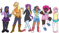 Size: 1309x742 | Tagged: abs, applejack, artist:chimaerok, beanie, belt, beret, clothes, converse, derpibooru import, fluttershy, front knot midriff, glasses, hat, high heels, human, humanized, line-up, mane six, midriff, overalls, pinkie pie, rainbow dash, rarity, safe, shoes, skirt, suspenders, sweater, sweatershy, twilight sparkle