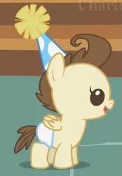 Size: 383x551 | Tagged: safe, derpibooru import, screencap, pound cake, pony, baby cakes, baby, baby pony, cute, diaper, diapered, diapered colt, happy, happy baby, hat, one month old colt, open mouth, party hat, solo, standing, white diaper