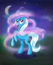 Size: 800x985 | Tagged: safe, artist:milanoss, derpibooru import, trixie, pony, unicorn, female, lidded eyes, looking at you, magic, mare, moon, night, open mouth, rearing, smiling, smirk, solo, sparkles, stars