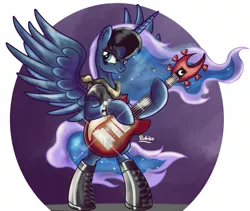 Size: 1822x1536 | Tagged: safe, artist:ruhisu, derpibooru import, princess luna, pony, ask teen chrysalis, bipedal, boots, clothes, earring, electric guitar, female, gift art, goth, guitar, heavy metal, makeup, mare, metal, moon, scarf, smiling, solo, srmlet, standing, t-shirt