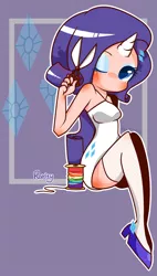 Size: 1000x1761 | Tagged: artist:nm, clothes, derpibooru import, fishnets, horned humanization, human, humanized, pixiv, rainbow thread, rarity, safe, scissors, short dress, solo, stockings, thigh highs, thread