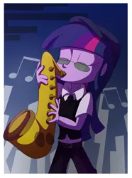 Size: 1024x1379 | Tagged: safe, artist:fj-c, derpibooru import, twilight sparkle, equestria girls, music, musical instrument, saxophone, solo