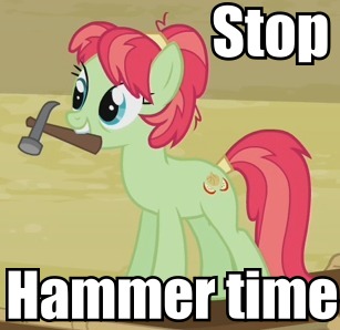 Size: 307x298 | Tagged: apple dumpling, apple family member, apple family reunion, derpibooru import, hammer, hammer time, image macro, mc hammer, meme, mouth hold, safe, solo