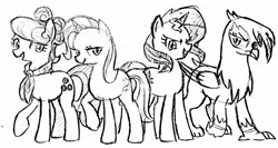 Size: 1024x545 | Tagged: safe, artist:tebasaki, derpibooru import, gilda, sunset shimmer, suri polomare, trixie, gryphon, pony, grayscale, monochrome, simple background, traditional art