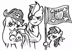 Size: 1024x731 | Tagged: safe, artist:tebasaki, derpibooru import, apple bloom, applejack, big macintosh, earth pony, pony, bandana, bicorne, eyepatch, flag, grayscale, hat, male, monochrome, pirate, simple background, stallion, traditional art