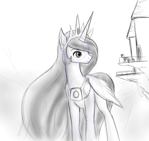 Size: 711x676 | Tagged: safe, artist:alloyrabbit, derpibooru import, princess celestia, pony, giant pony, giantess, giantlestia, macro, monochrome