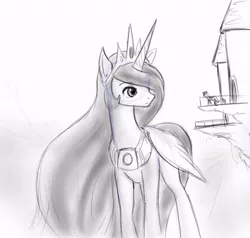 Size: 711x676 | Tagged: safe, artist:alloyrabbit, derpibooru import, princess celestia, pony, giant pony, giantess, giantlestia, macro, monochrome