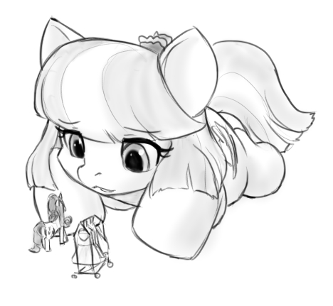 Size: 468x431 | Tagged: safe, artist:alloyrabbit, derpibooru import, coco pommel, rarity, earth pony, pony, unicorn, cute, giant pony, giant/macro earth pony, giant/mega coco pommel, giantess, macro, monochrome, size difference