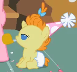 Size: 580x548 | Tagged: safe, derpibooru import, screencap, pumpkin cake, pony, baby cakes, baby, baby pony, cute, diaper, diapered, diapered filly, female, filly, hat, noisemaker, one month old filly, party hat, party horn, sitting, solo, white diaper