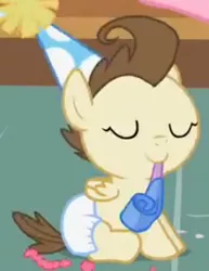 Size: 376x488 | Tagged: safe, derpibooru import, screencap, pound cake, pony, baby cakes, baby, baby pony, colt, cute, diaper, diapered, diapered colt, eyes closed, happy baby, hat, male, noisemaker, one month old colt, party hat, sitting, solo, white diaper