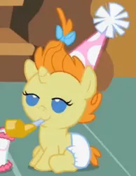 Size: 452x583 | Tagged: safe, derpibooru import, screencap, pumpkin cake, pony, baby cakes, baby, baby pony, cute, dawwww, diaper, diapered, diapered filly, female, filly, happy, happy baby, hat, lidded eyes, noisemaker, party hat, party horn, sitting, smiling, solo, white diaper