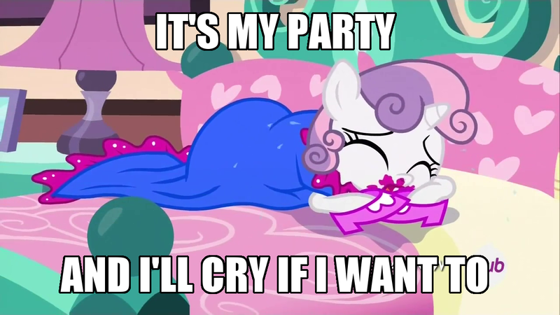 Size: 1280x720 | Tagged: 5-year-old sweetie belle, clothes, crying, cute, derpibooru import, dress, for whom the sweetie belle toils, hub logo, image macro, it's my party, lesley gore, lipstick, lyrics, meme, sad, safe, screencap, shoes, solo, song reference, sweetie belle