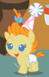 Size: 274x430 | Tagged: safe, derpibooru import, screencap, pumpkin cake, pony, baby cakes, baby, baby pony, cute, diaper, diapered, diapered filly, female, filly, happy, happy baby, hat, looking at you, one month old filly, open mouth, party hat, solo, walking, white diaper