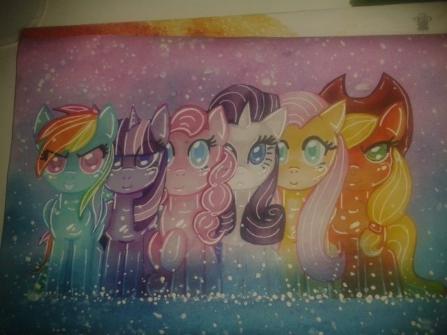 Size: 640x480 | Tagged: artist needed, safe, derpibooru import, applejack, fluttershy, pinkie pie, rainbow dash, rarity, twilight sparkle, twilight sparkle (alicorn), alicorn, pony, crossover, linkin park, mane six, traditional art, watercolor painting, wip