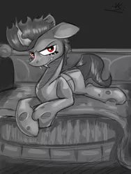 Size: 3000x4000 | Tagged: artist:asadama, bed, changeling, derpibooru import, grayscale, looking at you, monochrome, oc, oc:erad strum, prone, safe, solo, unofficial characters only