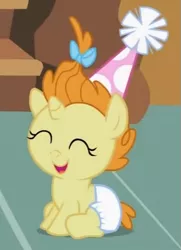 Size: 417x576 | Tagged: safe, derpibooru import, screencap, pumpkin cake, pony, baby cakes, baby, baby pony, cute, diaper, diapered, diapered filly, eyes closed, female, filly, happy, happy baby, hat, one month old filly, open mouth, party hat, sitting, smiling, solo, white diaper